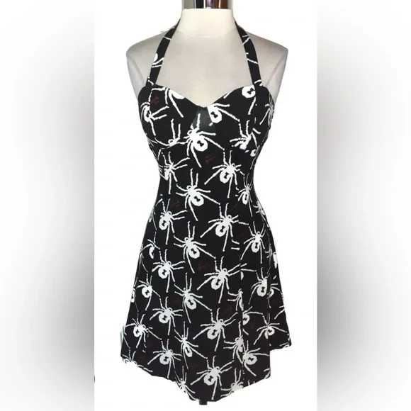 ❌SOLD❌ NWT [Betsey Johnson] Stretchy Black & White Spider Halter Dress Women’s L - Picture 5 of 11
